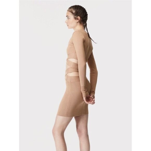 Herve Leger Long Sleeve Scoop Neck Crop Top Sun Beige NWT Small - Picture 4 of 12
